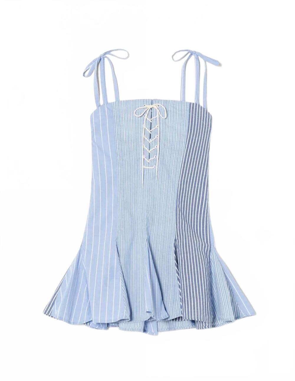 NEW RE/DONE women's flounce mini dress in banker stripe multi